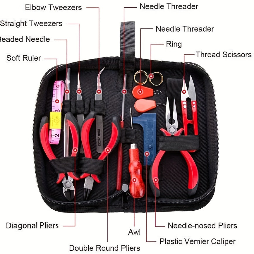 Jewelry Making and Repair Tool Set with Listed Portable Handbag Design, Tool-Only or Metal Accessory Option for DIY Necklace, Bracelet and Earring Projects