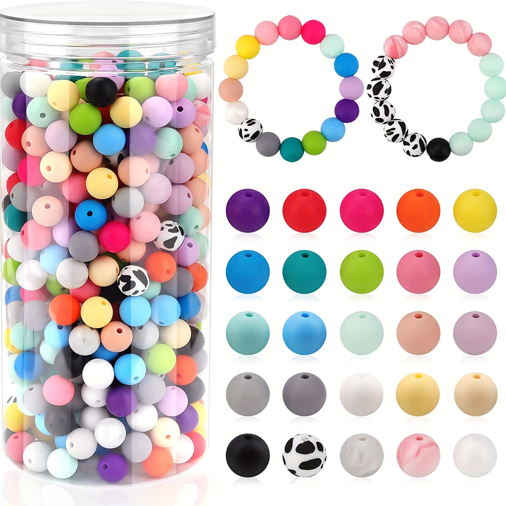 Silicone Bead Kit 500 Pieces, Multicolor Round Straight-Hole Beads for DIY Jewelry Making, Bracelets, Keychains and Holiday Craft Projects