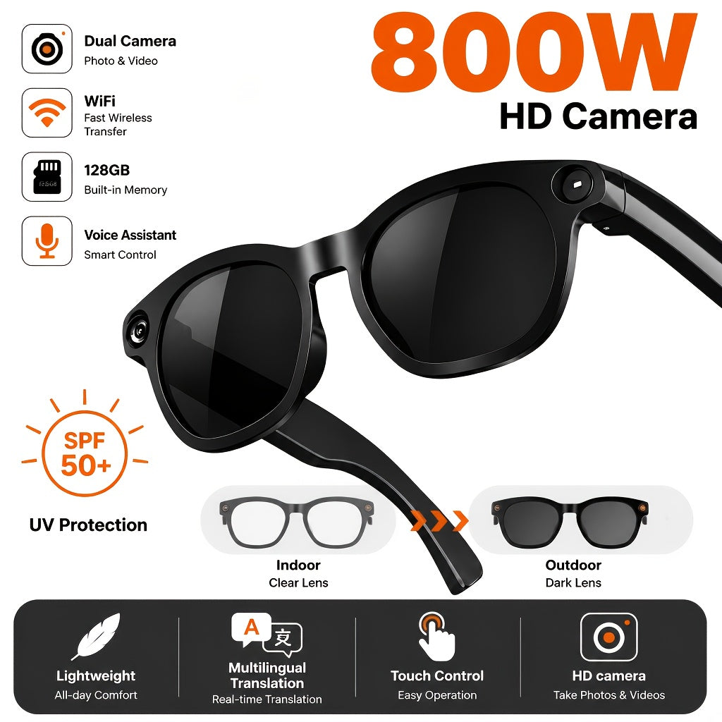 Black Smart Camera Glasses with Listed 8MP Photos, 1080P Video, Photochromic Lenses, Dual Speakers and 260mAh Type-C Charging for Travel and Office Use