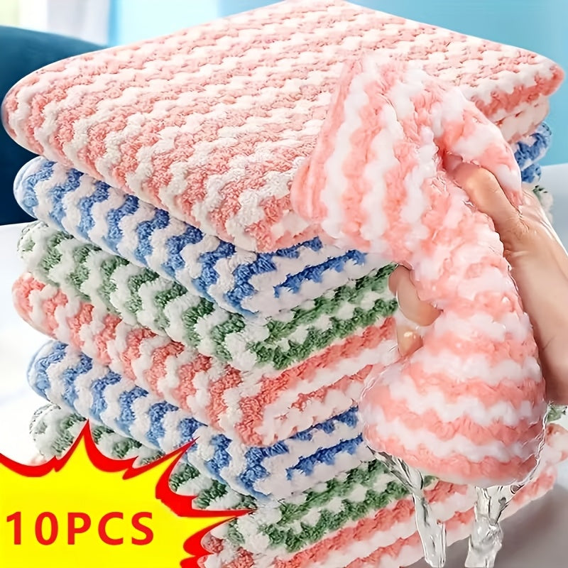 Striped Microfiber Kitchen Towels, Ten-Piece Square Dish Cloth Pack with Hand-Wash-Only Care and Any Color Selection for Everyday Dish and Countertop Cleanup