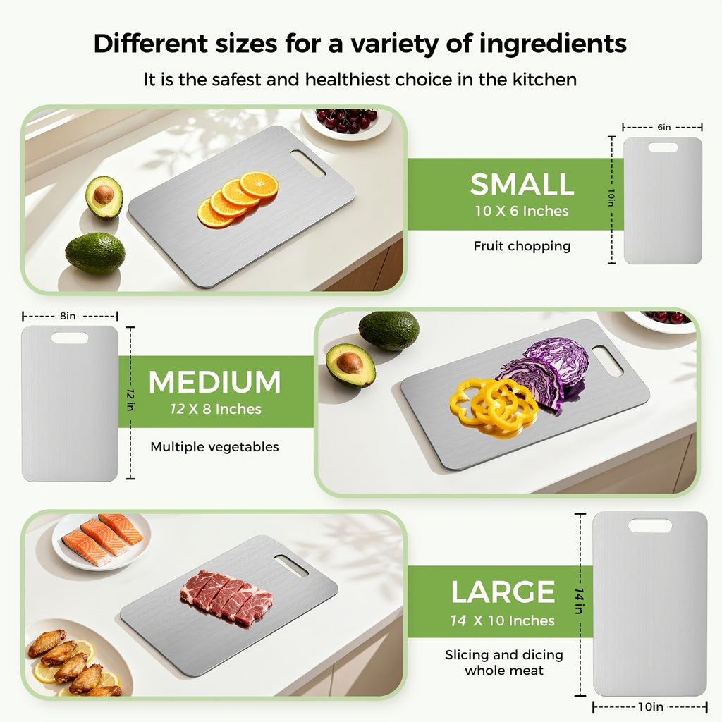 Stainless Steel Cutting Board Set of 3 with Reversible Surfaces, 10 x 6, 12 x 8 and 14 x 10 Inch Kitchen Prep Boards for Fruit, Vegetables and Dough