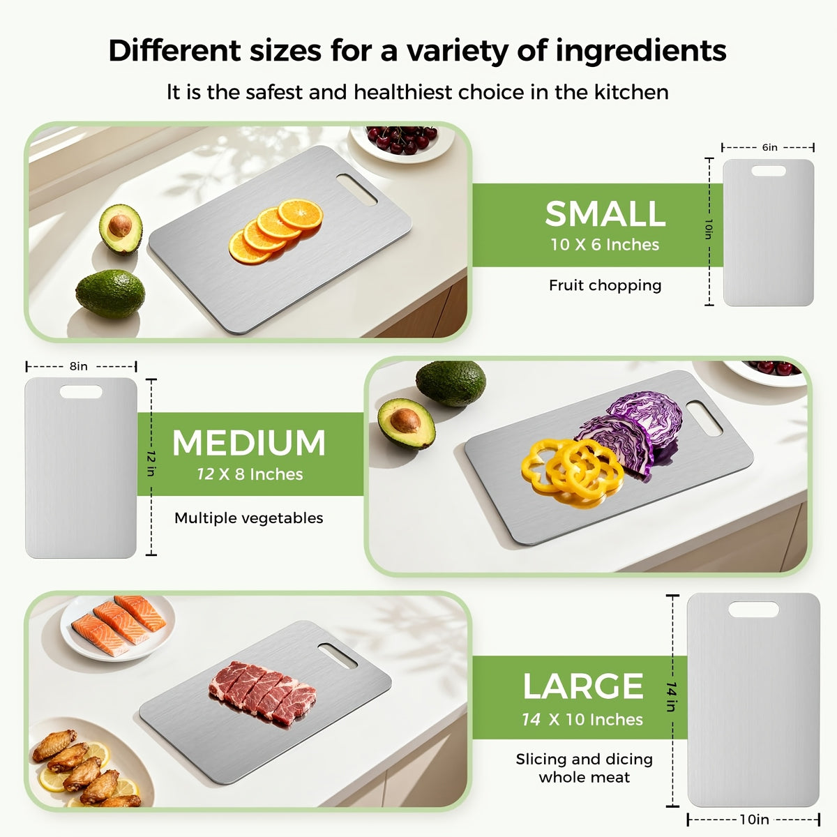 Stainless Steel Cutting Board Set of 3 with Reversible Surfaces, 10 x 6, 12 x 8 and 14 x 10 Inch Kitchen Prep Boards for Fruit, Vegetables and Dough