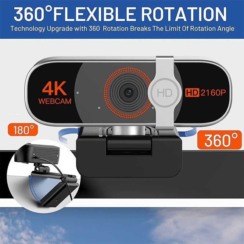 USB Autofocus 4K Webcam with Listed Dual Noise-Canceling Microphones and Privacy Cover, Three Silvery Gray Version Options for PC Meetings, Streaming and Online Classes