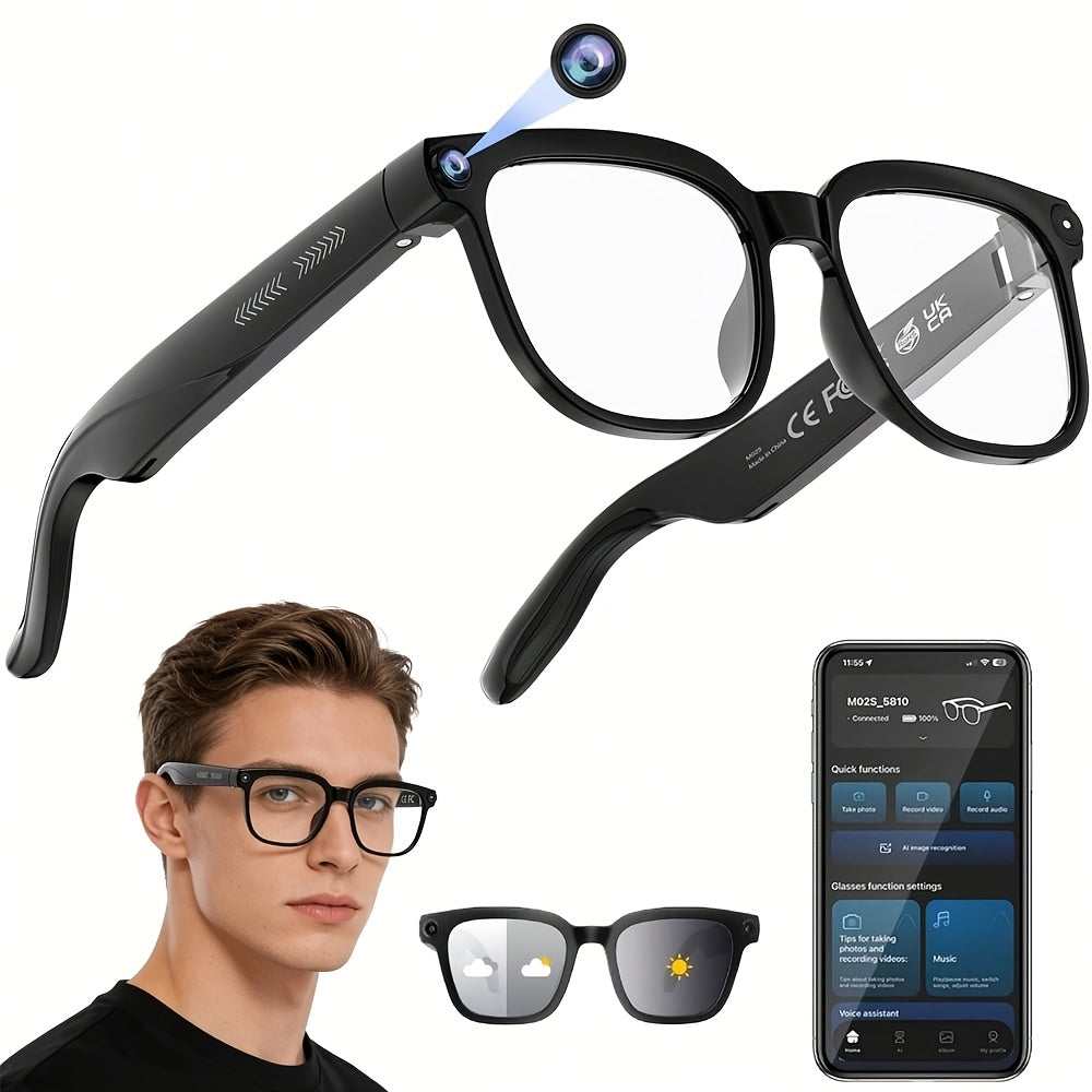 Open-Ear Camera Smart Glasses with Listed 4K Video, Photo Capture, AI Translation and Object Recognition, Bluetooth with Photochromic or Clear Lens Options