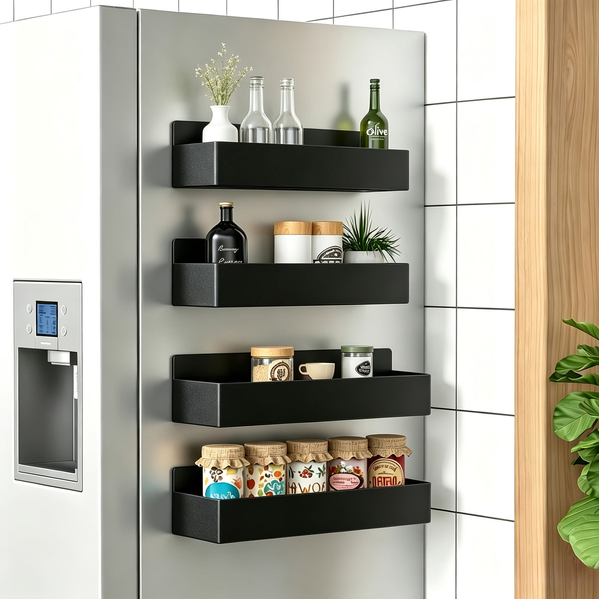 Movable Refrigerator Magnetic Spice Rack with Listed Polished Aluminum Alloy Construction, White and Black Selections for Kitchen and Small Household Storage