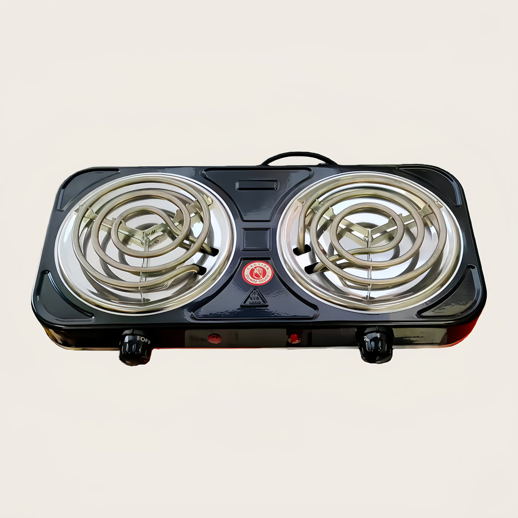 Double-Coil Electric Hot Plate with Five Adjustable Heat Settings, Black Tabletop Cooking Stove with Two Burner Option Labels for Home Kitchen Meal Preparation