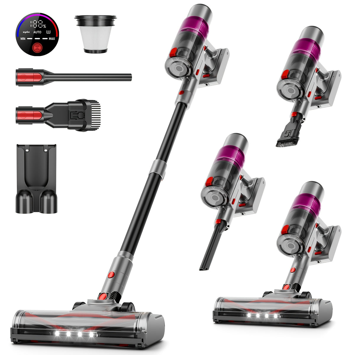 LED Display Cordless Vacuum Cleaner with Anti-Tangle Floor Brush and Detachable Rechargeable Battery for Carpet, Pet Hair, Tile and Hardwood Floors