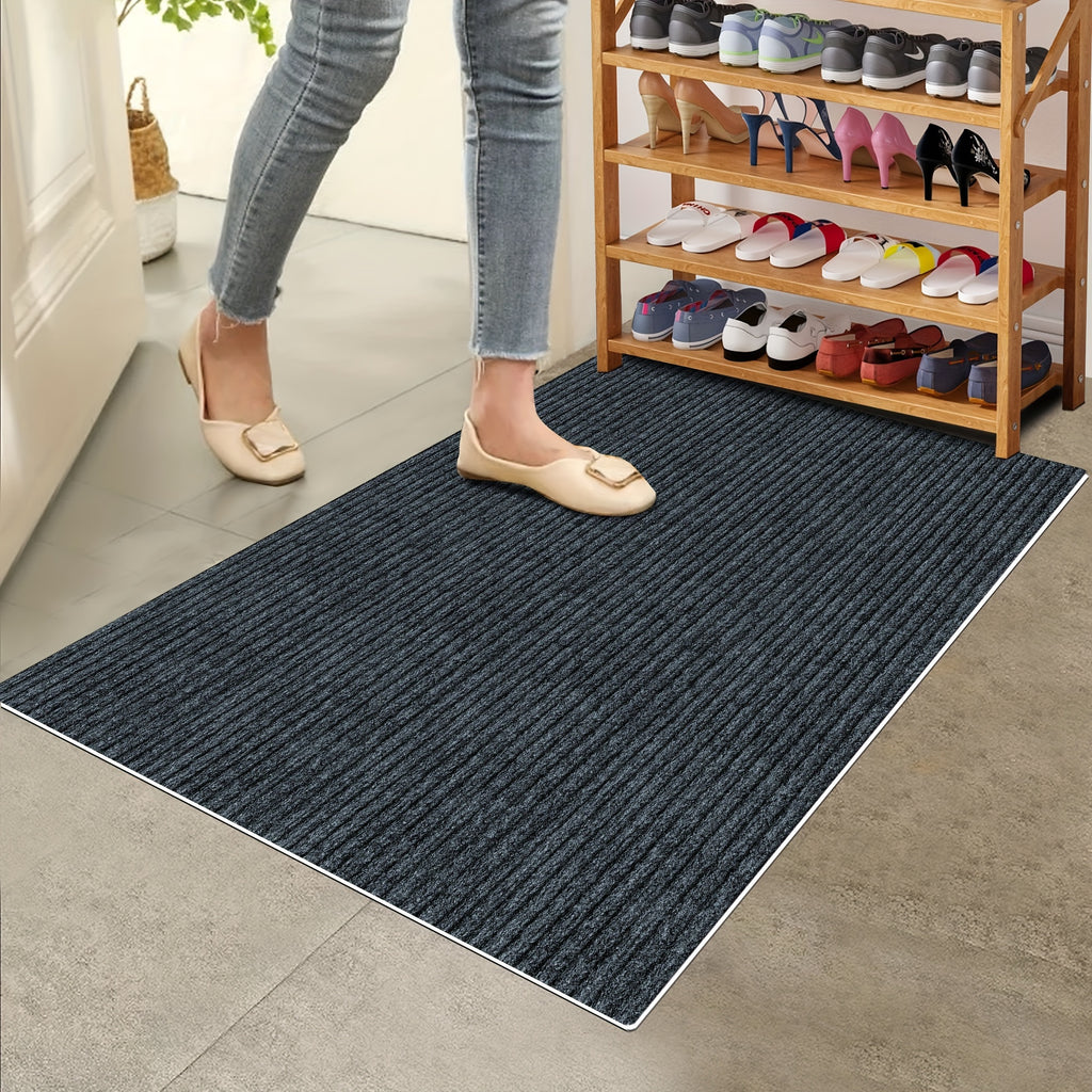 Low Profile Indoor Doormat and Entryway Runner with Grooved Surface and Listed Rubber Backing, Seven Size Options in Grey, Black or Brown for Home Entrances