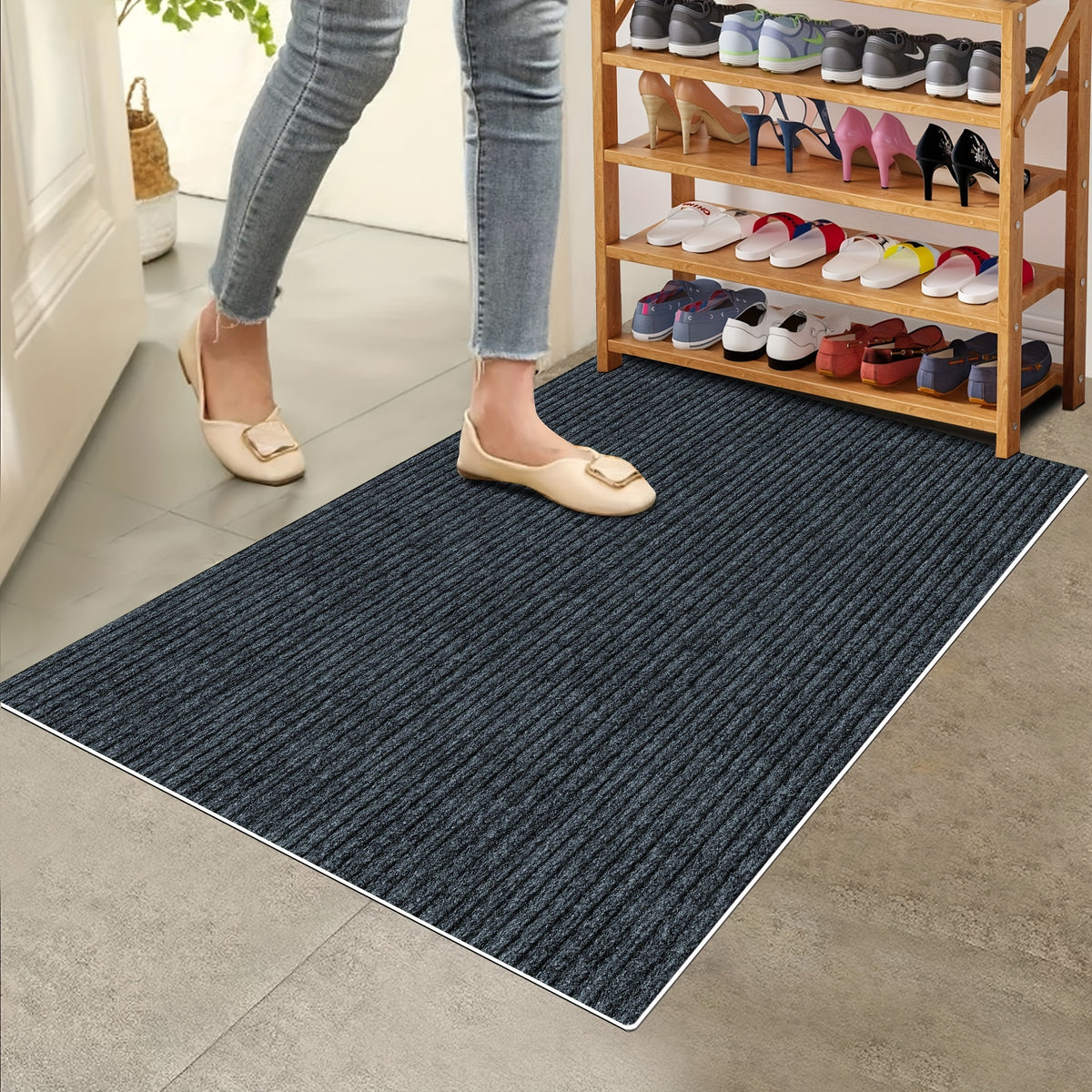 Low Profile Indoor Doormat and Entryway Runner with Grooved Surface and Listed Rubber Backing, Seven Size Options in Grey, Black or Brown for Home Entrances