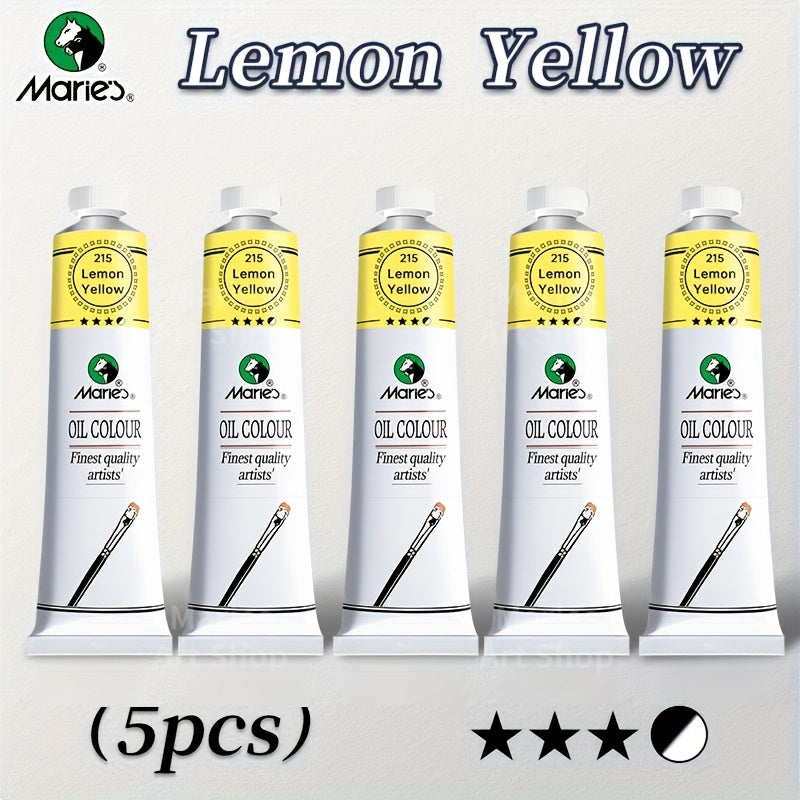Yellow-Tone Oil Paint Set by Marie's, Five Pieces with Listed 1.7 fl oz Each, Lemon Yellow or Yellow-Ochre Set Options for Artist and Student Painting Supplies