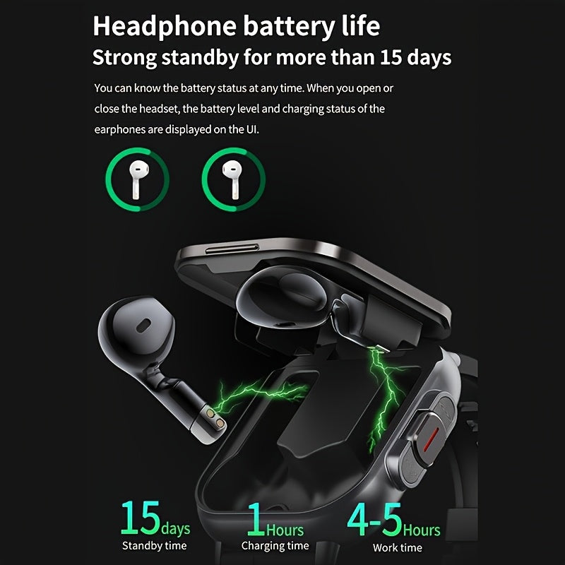 2-in-1 Smartwatch and Wireless Earbuds for Men with Music Control, Sports Modes and Activity Insights, Black or Silvery Watch and Steel Strap Options