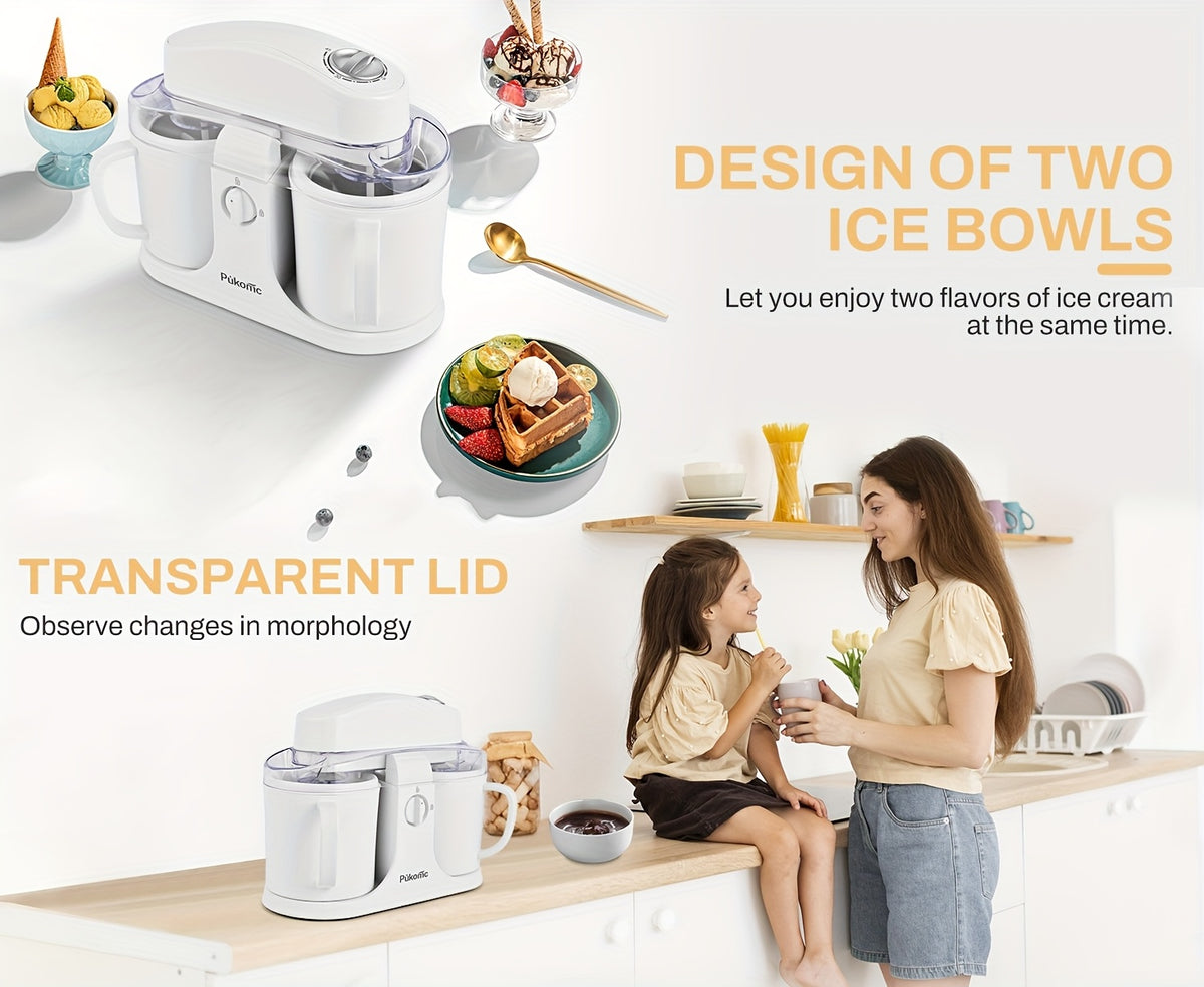 Automatic Ice Cream Maker for Home, Two-Cup Design Makes Two Flavors of Ice Cream, Sorbet and Frozen Yogurt at Once, Healthy Ingredients Control, Easy-Clean Separated Cups, Summer Dessert Machine for Kids Parties and Family