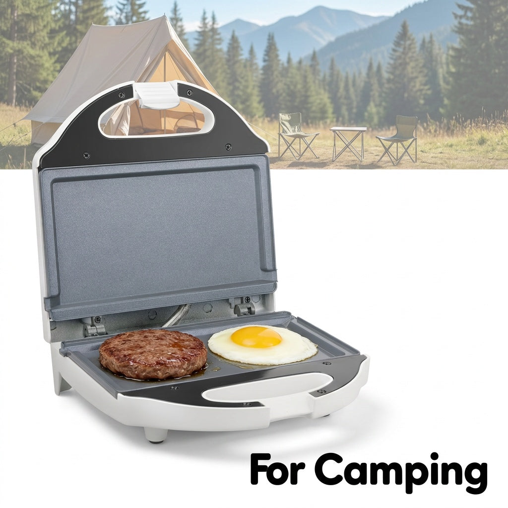 Compact Electric Grill in White with Double-Sided Heating, Listed Ceramic Coating and Heat-Resistant Handle for Sandwiches, Eggs and Home Breakfast Preparation