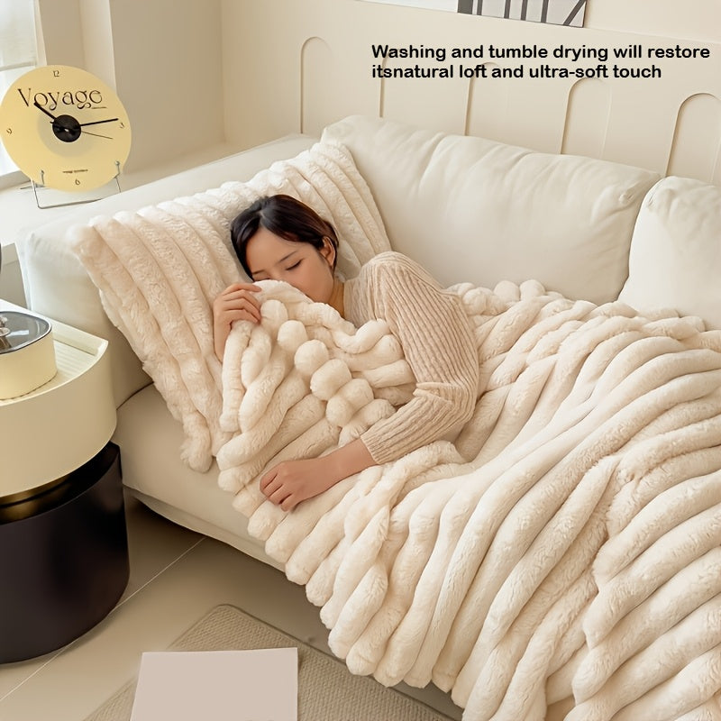 Striped Faux Rabbit Fur Style Blanket with Listed Flannel Feel, Six Size Labels and Seven Color Options for Sofa Lounging, Bedroom Layers and Cozy Gifts