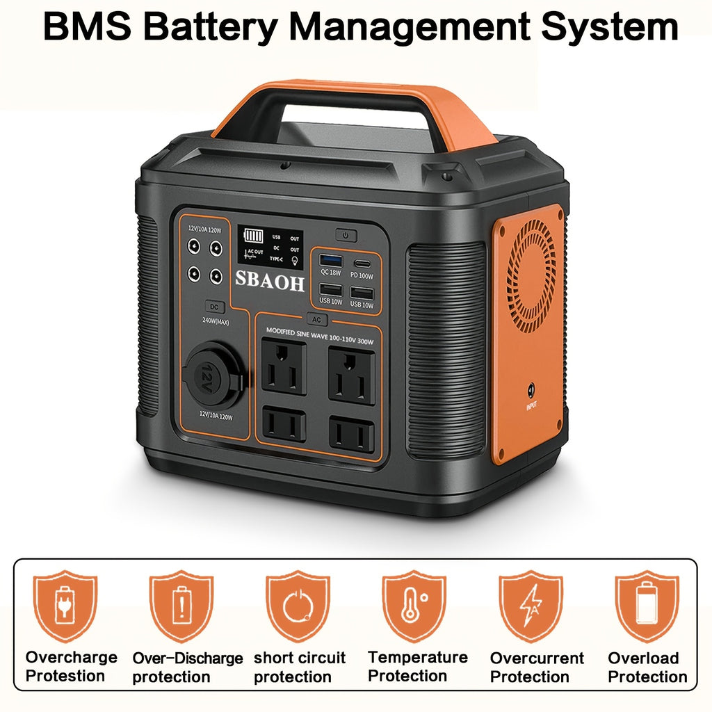 Portable Power Station 300W by SBAOH with Listed 296Wh Lithium-Ion Battery, 100W PD and Digital Display in Orange or Blue with Optional Solar Panel Package