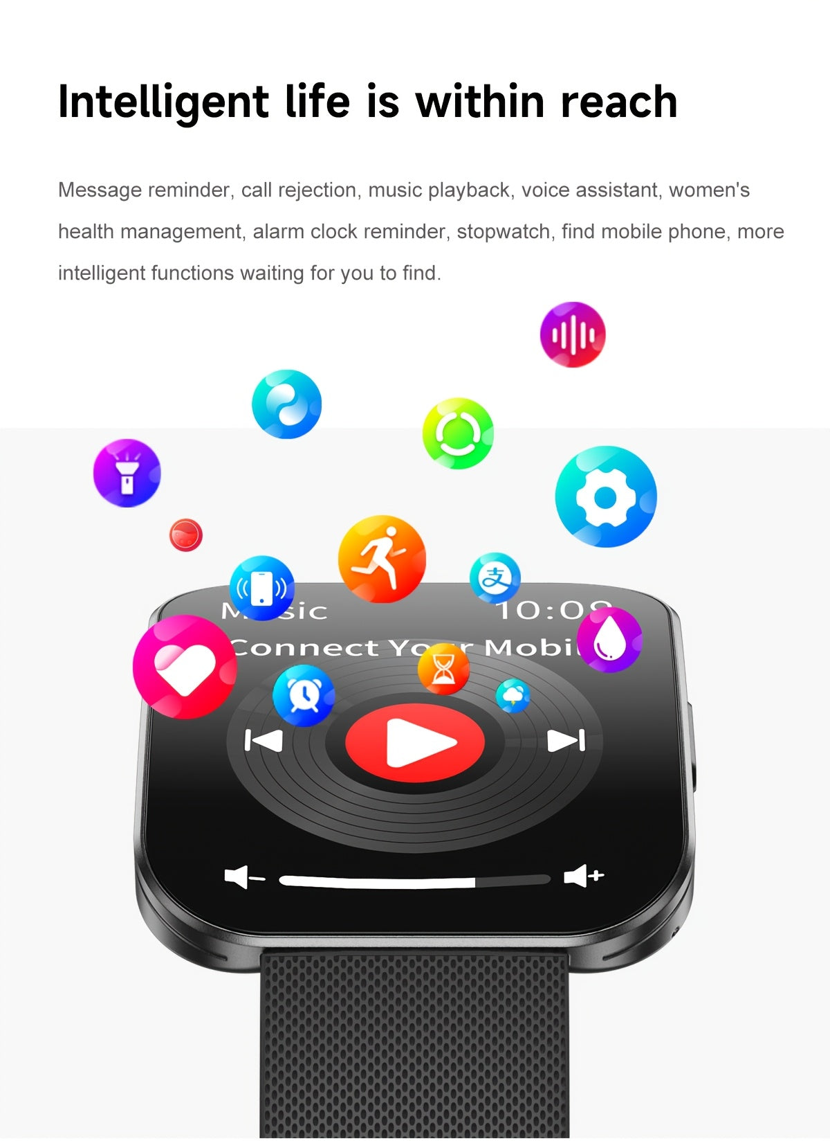 Curved Touchscreen Smart Watch, 1.85-Inch Calling Watch with Message Reminders, Multiple Sports Modes, Camera and Music Controls for iPhone and Android