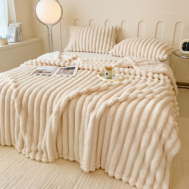 Striped Faux Rabbit Fur Style Blanket with Listed Flannel Feel, Six Size Labels and Seven Color Options for Sofa Lounging, Bedroom Layers and Cozy Gifts