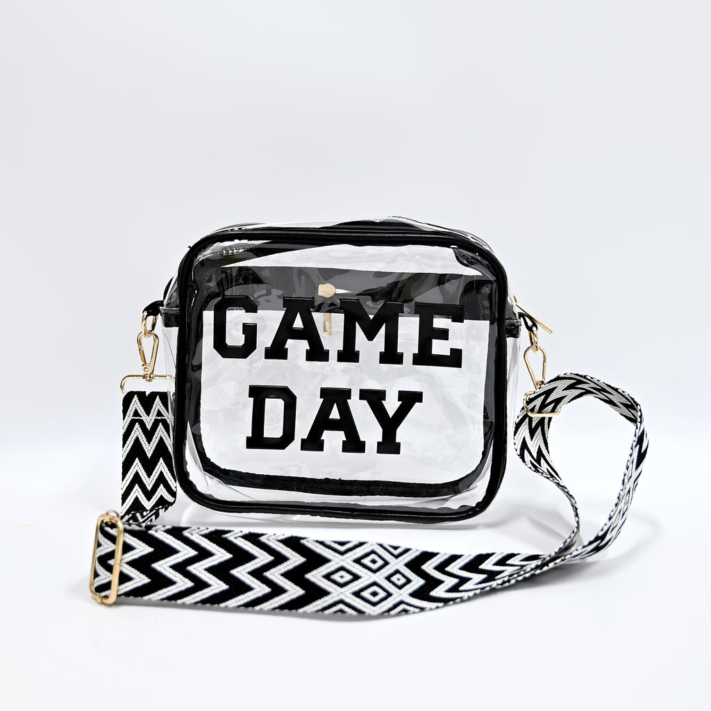 Game Day Clear Purse with Listed Letter Patches and Crossbody Carry Style, Green, Blue, Black, Red or Orange Options for Football Outfits and Concert Plans