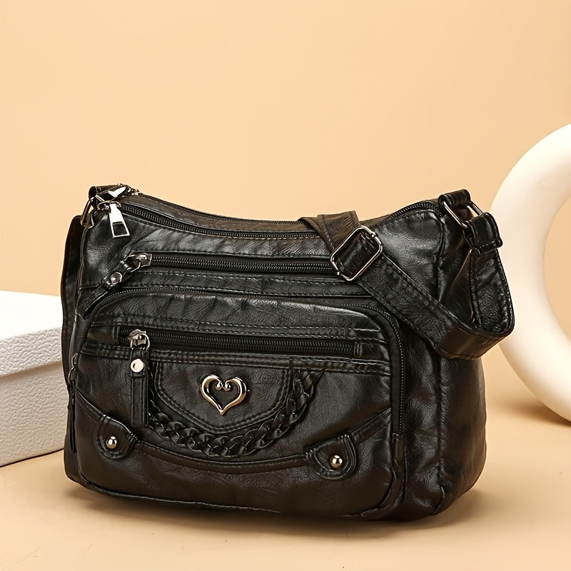 Multi-Pocket Vintage Crossbody Bag with Heart Decoration and Adjustable Shoulder Strap, Four Color Options in Grey, Black, Red or Brown for Casual Everyday Outfits