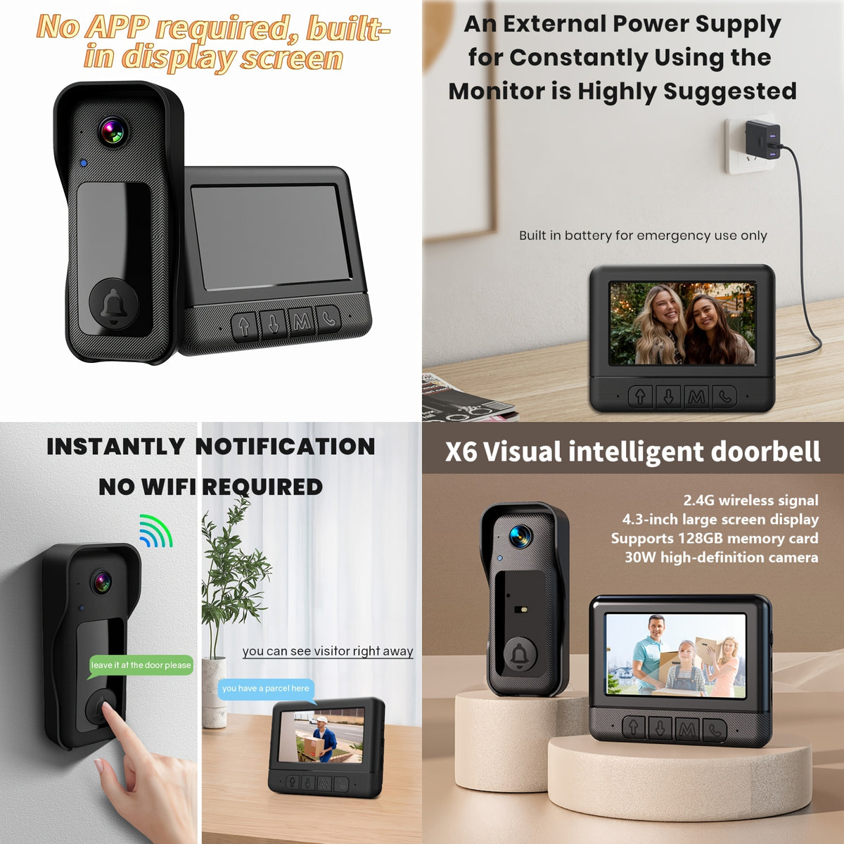Video Doorbell X6 or X3 Black for Home Entry Visitor Viewing with Listed Two-Way Audio, Infrared Night Vision and Automatic Ring-Triggered Capture
