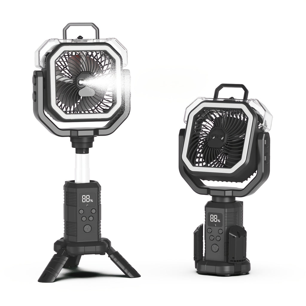 Portable Tent Fan F30P with Listed 20000mAh Rechargeable Battery, LED Light, Hook, 8-Blade Design and 270° Rotation for Camping in Black or Orange