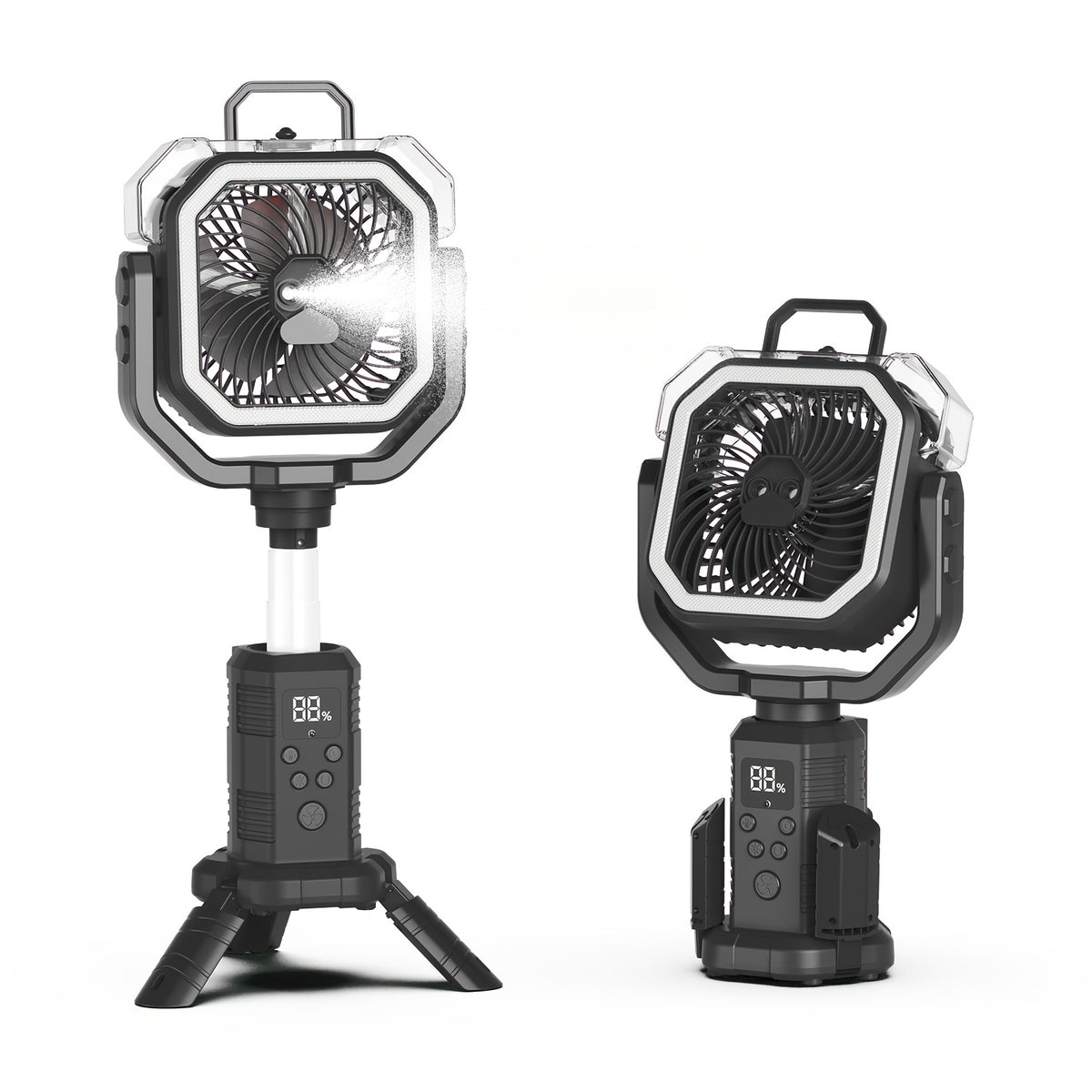 Portable Tent Fan F30P with Listed 20000mAh Rechargeable Battery, LED Light, Hook, 8-Blade Design and 270° Rotation for Camping in Black or Orange