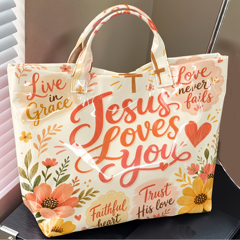Christian Tote Bag with Floral and Cross Design, Faith-Inspired Glossy Shoulder and Top Handle Handbag for Church, Casual Outings and Everyday Carry