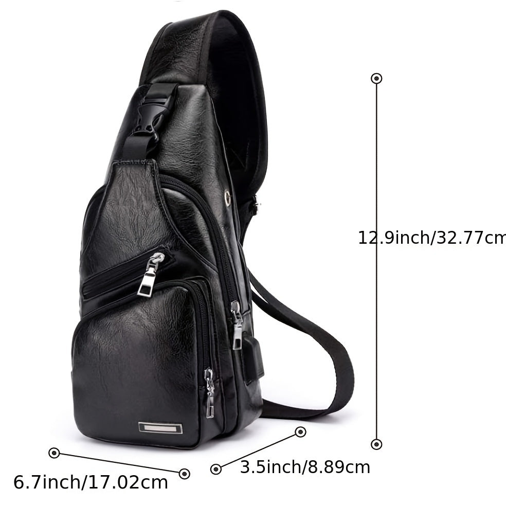 Faux Leather Sling Chest Bag with USB Port for Men and Women, Mini Single-Strap Crossbody Carry Bag in Black or Light Brown for Daily Outings and Travel