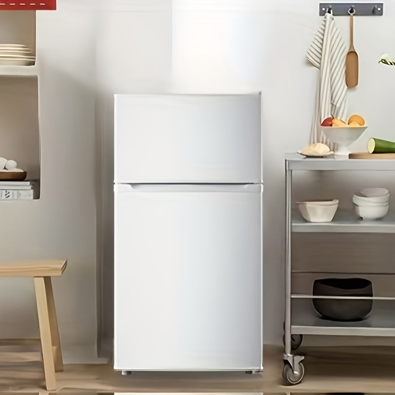 Double-Door Mini Refrigerator by DEMULLER with Listed 2.4 Cu Ft Capacity, Top Freezer, Two Removable Plastic Shelves and Adjustable Feet for Apartments and Dorms