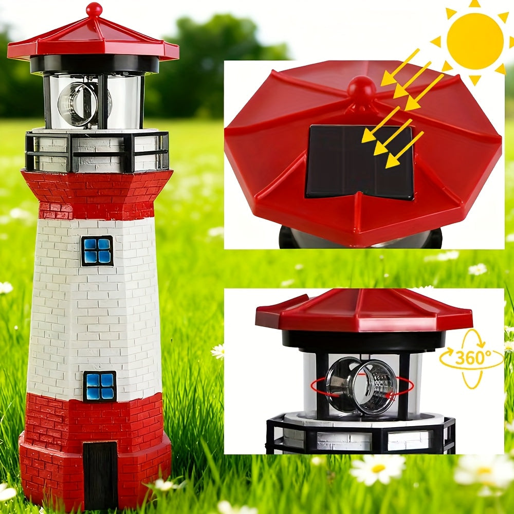 Rotating LED Solar Lighthouse with Built-In Solar Panel and Automatic Night Lighting Wording, Upgraded Model Label for Nautical Garden and Patio Decoration