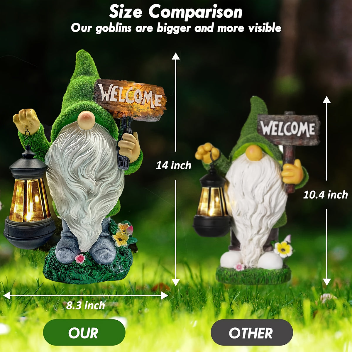 Garden Gnome Statue in Green with Flocked Resin Wording, Solar Lantern and Welcome Sign References for Decorative Porch, Patio and Garden Displays