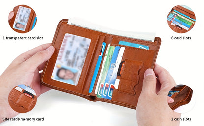 RFID Blocking Leather Wallet for Men with Listed Two ID Windows and Vintage Short Design, Yellow Brown, Grey Blue and Black Bifold Style Options