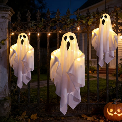 LED Hanging Ghost Decorations 3-Pack, Listed 20-Inch White Polyester Halloween Ghosts for Indoor Parties and Suitable Porch, Tree and Yard Displays