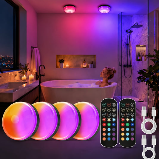 Rechargeable RGBW Mood Lights with Magnetic Mounting, 15 Color Choices and Cool White, Remote Dimming and Timer in 2 or 4 Pack Options for Indoor Decor