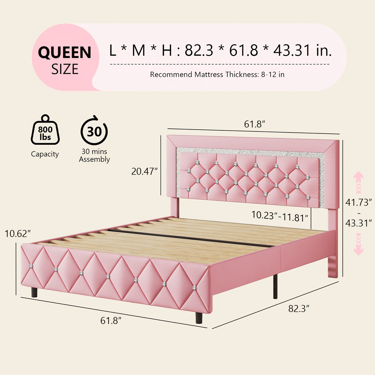 Diamond Design Platform Bed Frame by HOMBCK with Adjustable Headboard and Wooden Slat Support, No Box Spring Needed, Twin to King in Five Colors