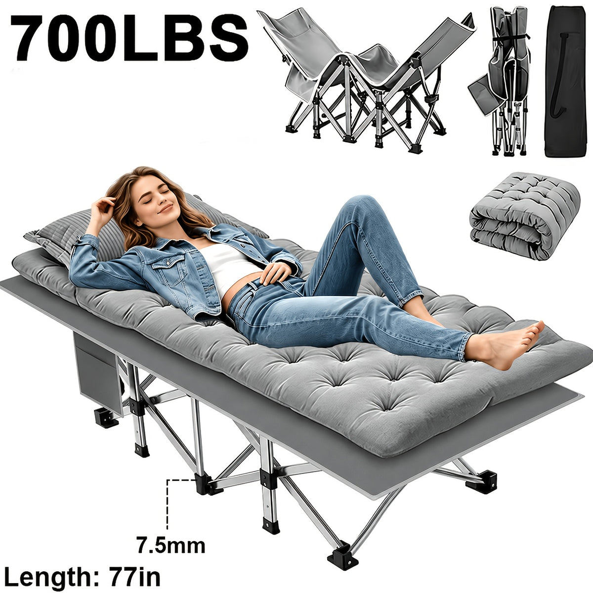 Oversized Folding Camping Cot for Guest Sleeping and Outdoor Lounging, Gray or Black Models with Listed 500, 600 or 700 lb Ratings plus Mini Option Without Mattress