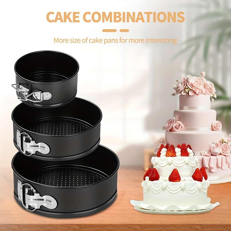 Springform Cake Pan Set with 4, 7 and 9 Inch Sizes, Black Nonstick Carbon Steel Round Cheesecake Pans with Removable Bottoms and Locking Latches for Home Baking
