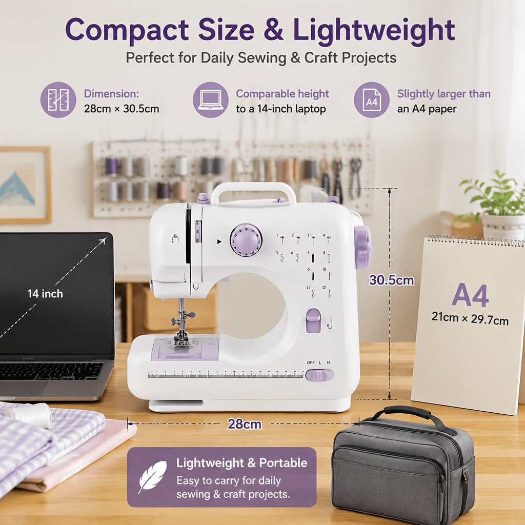 12-Stitch Mini Sewing Machine with Listed Dual Speed and Reverse Sewing, Portable Electric Beginner Craft Tool with Thread, Bobbins and Needles for Home Projects