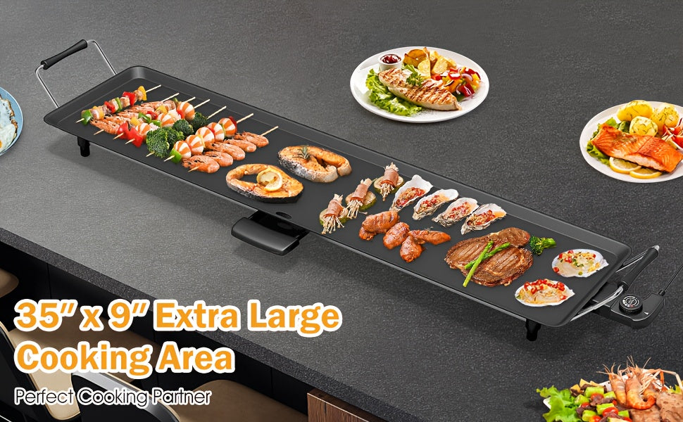 Electric Griddle 35-Inch Extra-Long Nonstick Grill with Adjustable Temperature and Drip Tray for Pancakes, Steaks and Family Meals, Gift Bag Included