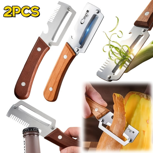 Wooden Handle Vegetable Peeler Set, Two-Piece Stainless Steel Blade Kitchen Tools with Listed Bottle Opener Function for Potatoes, Apples and Zucchini