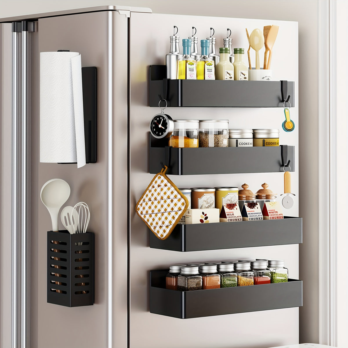 Magnetic Refrigerator Spice Organizer Set with Five- or Six-Piece Options, Small Square Box or Tissue Holder Configurations and Listed Four Hooks for Kitchen Storage