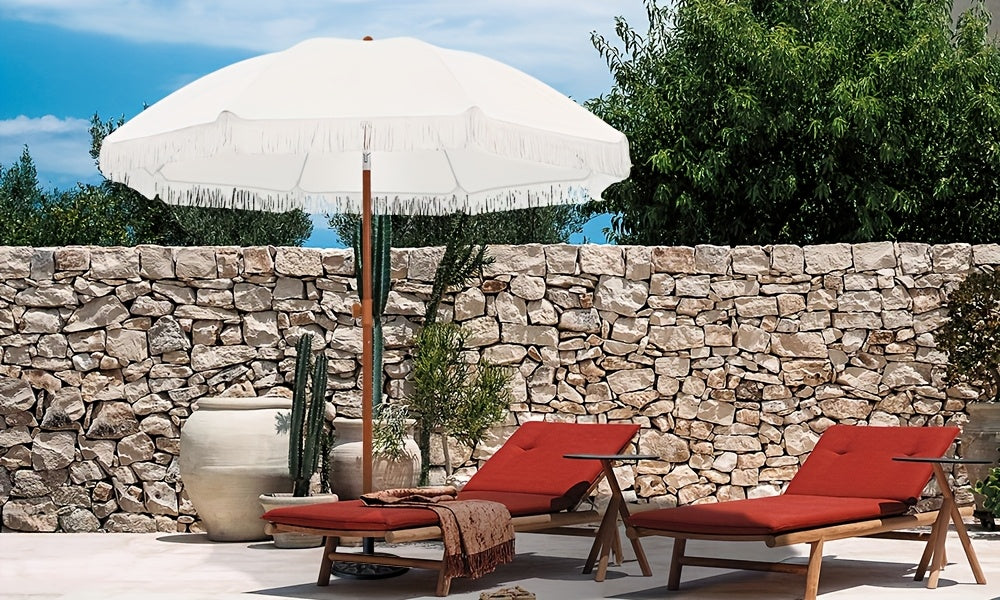 Eight-Rib Patio Umbrella with Push-Button Tilt Adjustment for Outdoor Garden and Courtyard Seating, Beige, Blue Pinstripe and White Style Selections