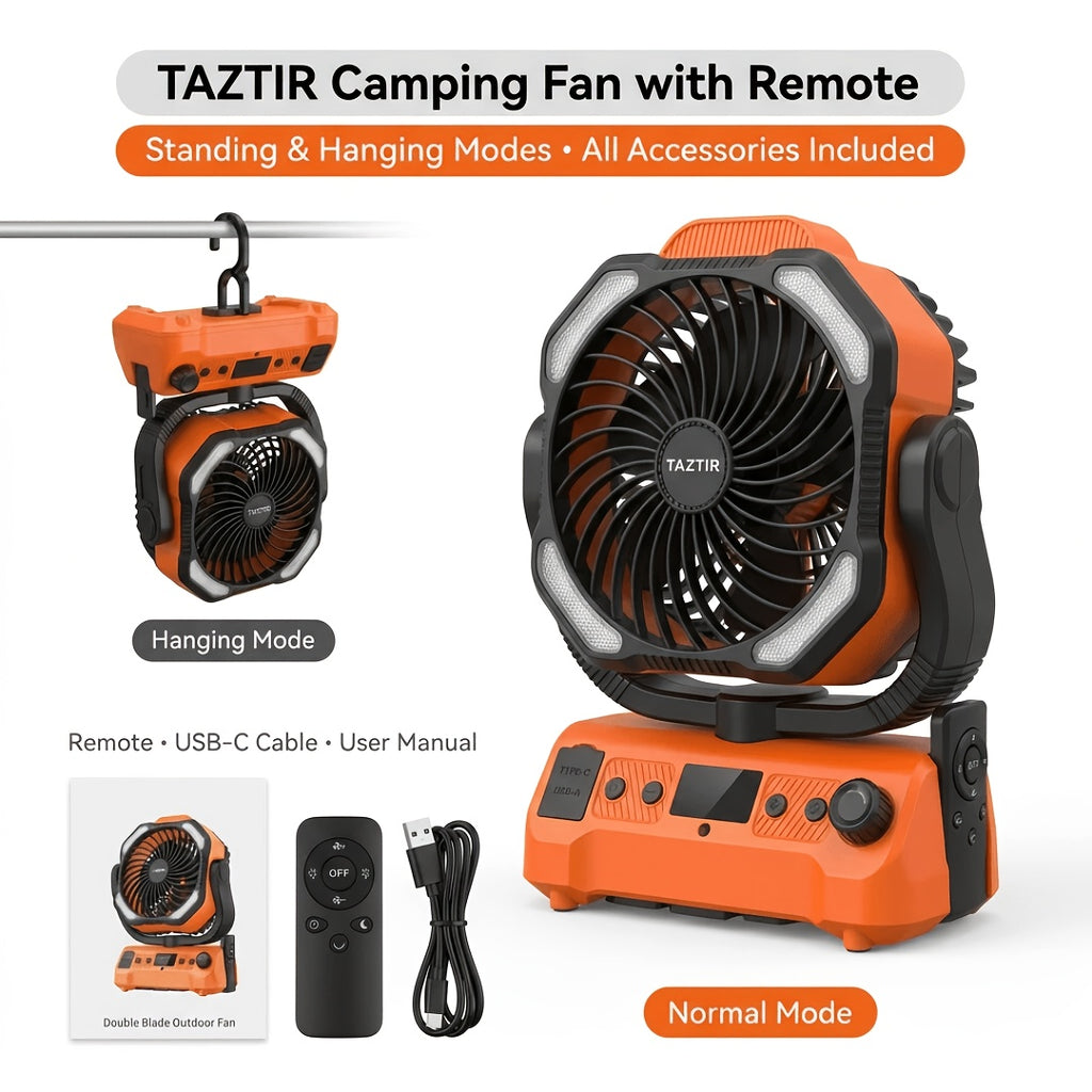 Dual-Motor Camping Fan with Listed Remote Control, 1–100 Speed Adjustment and Oscillation, Classical, Mist and Solar Option Labels for Tent and Outdoor Airflow