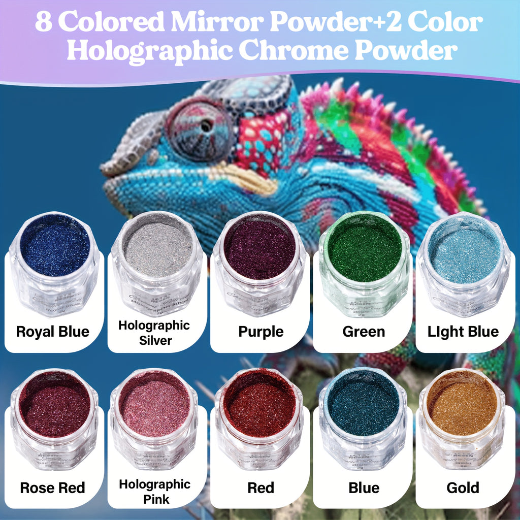 Chrome Pigment Powder Set with Ten Listed Colors, Eight Metallic and Two Holographic Jars at 2g Each for Compatible Epoxy Resin Art, Tumbler Decoration and Painting