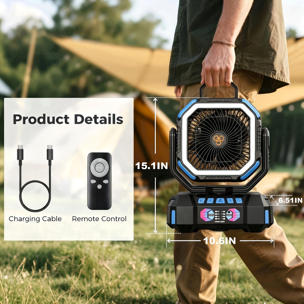 Remote-Control Portable Fan and LED Lamp with Listed 40000mAh Battery, Four Speeds, Five Brightness Levels and Type-C Charging for Camping and Home Airflow