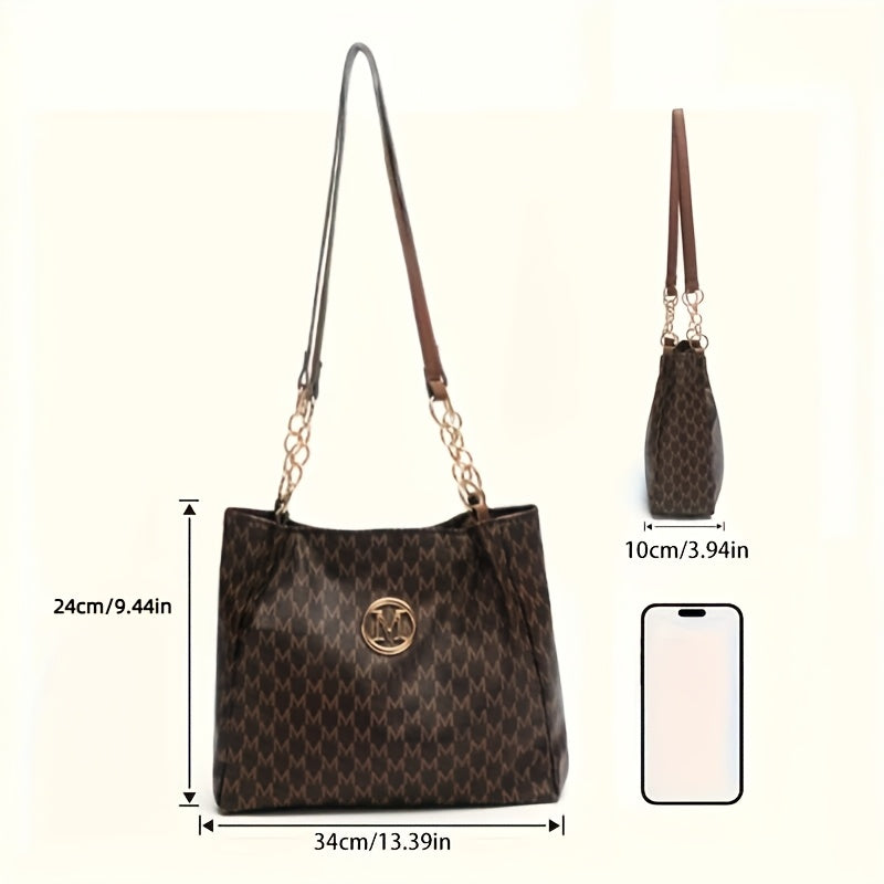 M-Print PU Tote Bag for Women in Black, Vintage-Inspired Shoulder Handbag with Zipper Closure and Hardware Accents for Shopping and Casual Travel