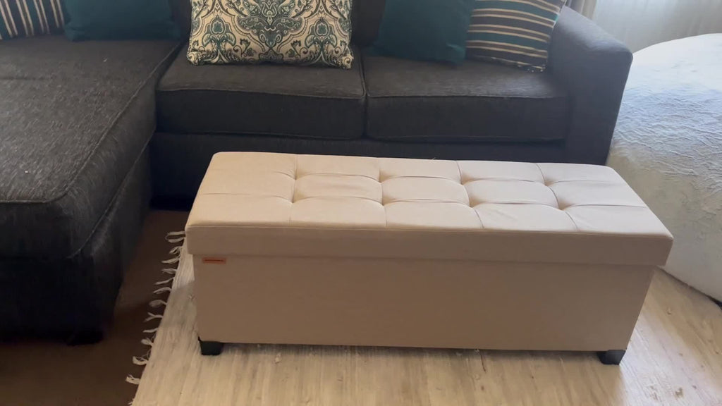 Six-Color Folding Storage Ottoman Bench for Living Room and Bedroom Organization, Camel Brown, Cream White, Gray, Dark Blue or Black with Listed Size Option