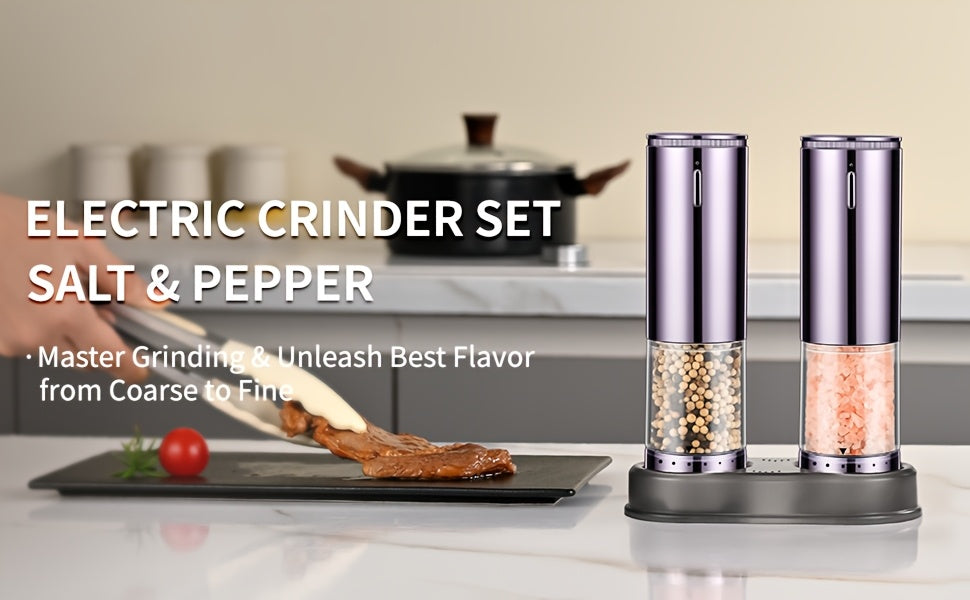 Automatic Salt and Pepper Grinder Set, 2 Refillable Electric Mills in Silvery with LED Light, Adjustable Coarseness and One-Handed Operation for Kitchen Seasoning