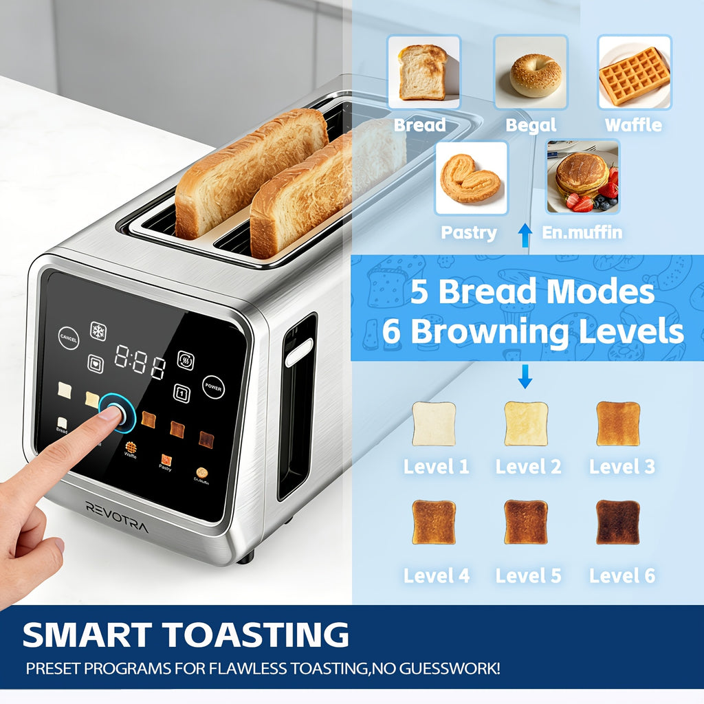 Touchscreen Four-Slice Long Slot Toaster with Listed 1.5-Inch Wide Slots, Six Shade Settings, Countdown Display, Memory and Dual Independent Controls, Stainless Steel