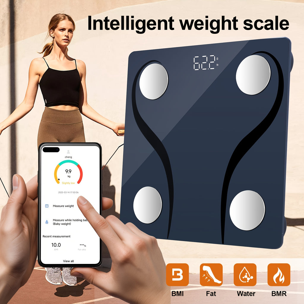 Smart Body Fat Scale with App Tracking, 180kg/396lb Digital Weight Scale with BMI, BMR and Muscle Analysis, Thickened Glass Top with Stainless Steel Electrodes, Dual Unit KG/LB, 11x11 Inch for Bathroom, Gym and Bedroom
